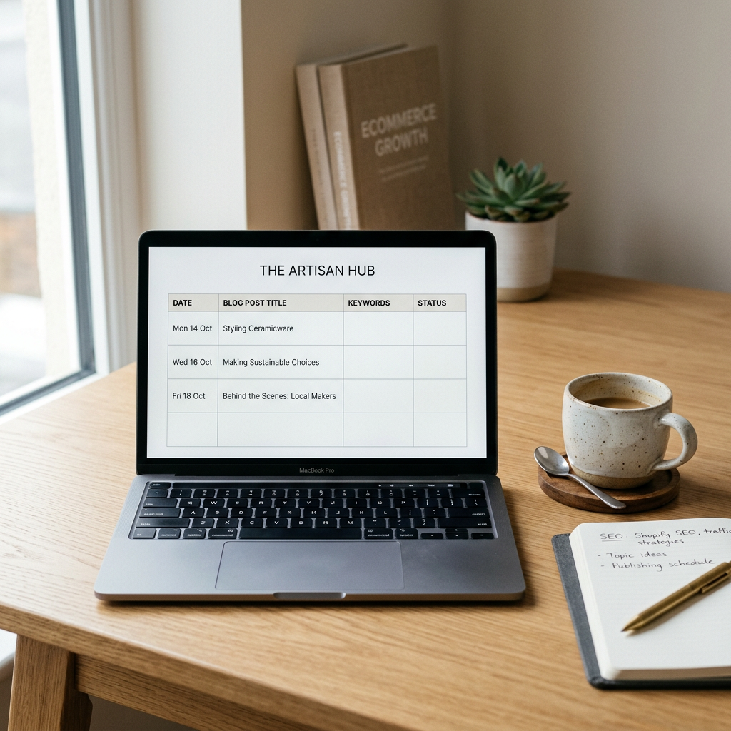 A minimalist wooden desk with a high-end laptop showing a clean content calendar next to a ceramic coffee mug