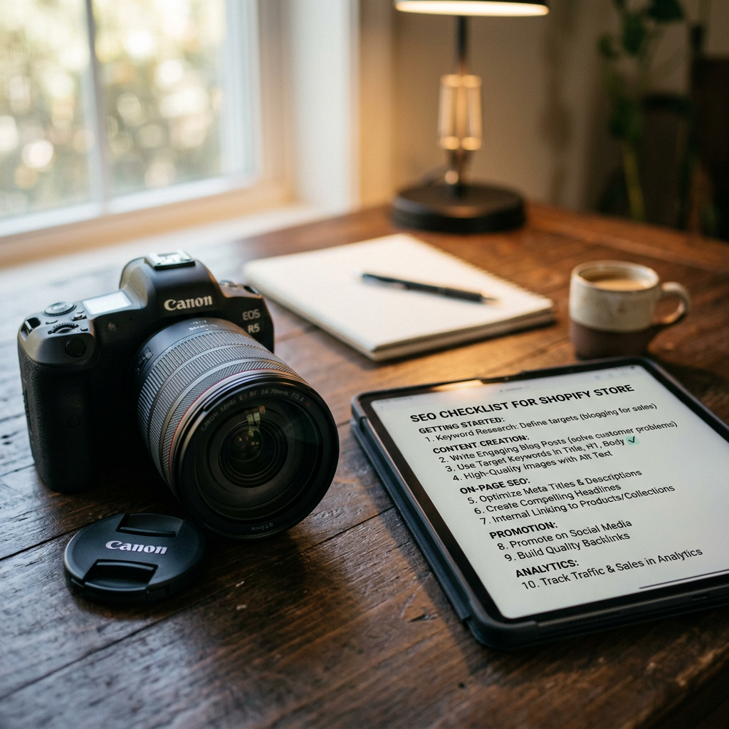 A close-up of a professional camera lens and a tablet displaying a detailed SEO checklist for a Shopify store