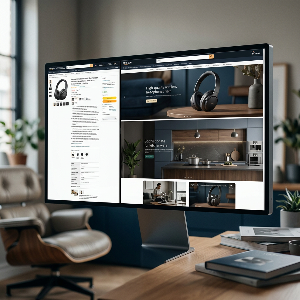 A high-end split screen showing a narrow standard Amazon listing layout next to a wide, immersive cinematic premium bran