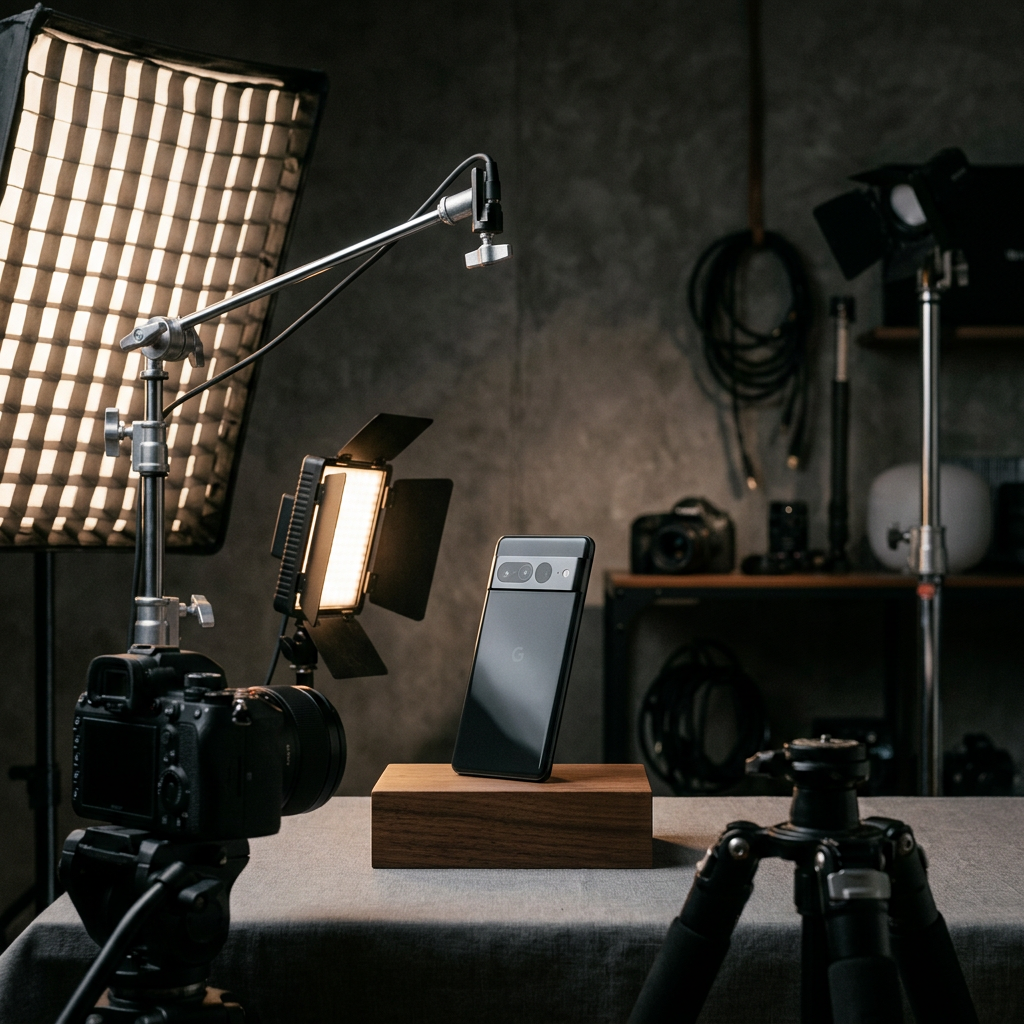 A professional photography studio setup with high-end cameras and lighting focused on a sleek consumer electronic device