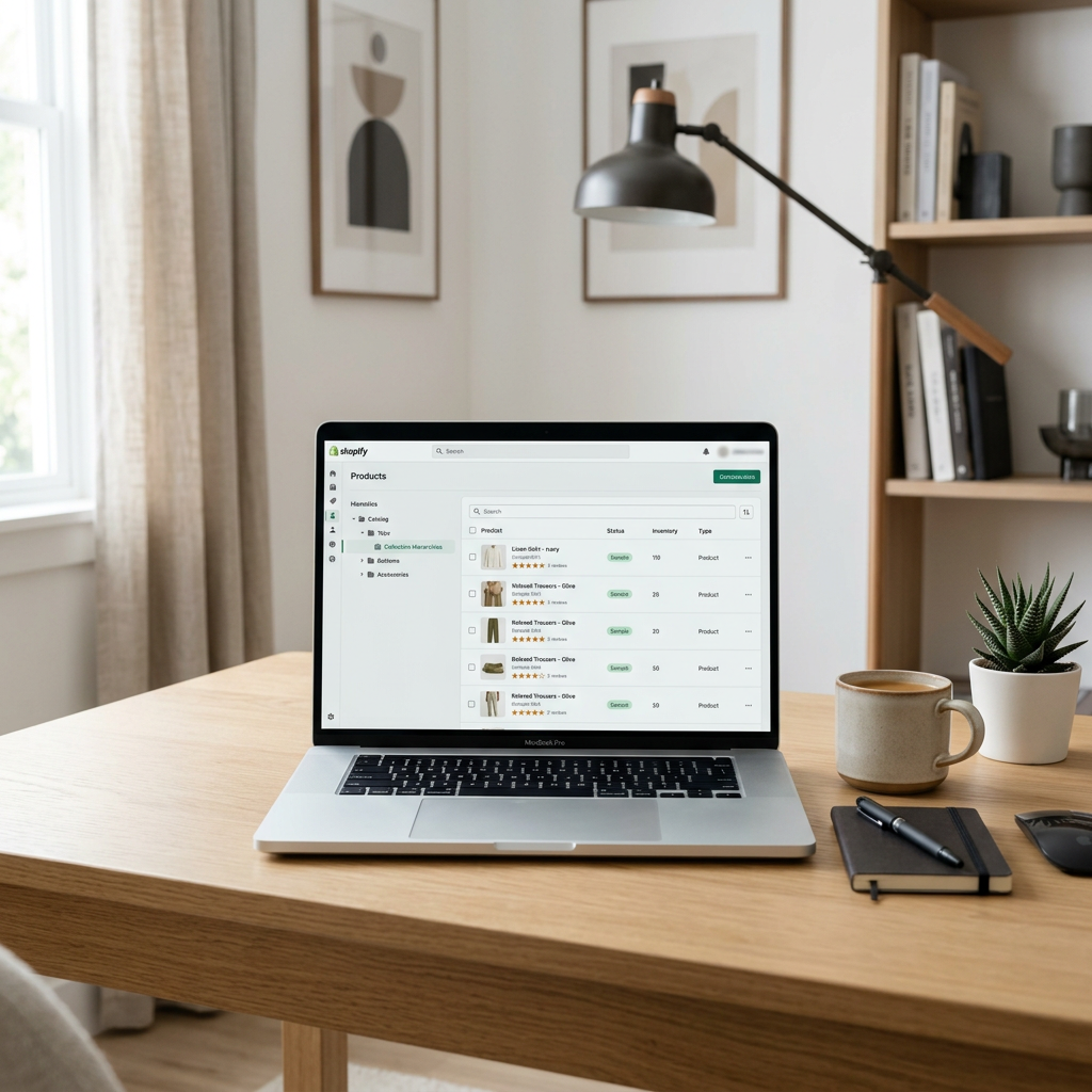 A minimalist designer workspace with a high-end laptop showing a clean Shopify dashboard interface with organized collec