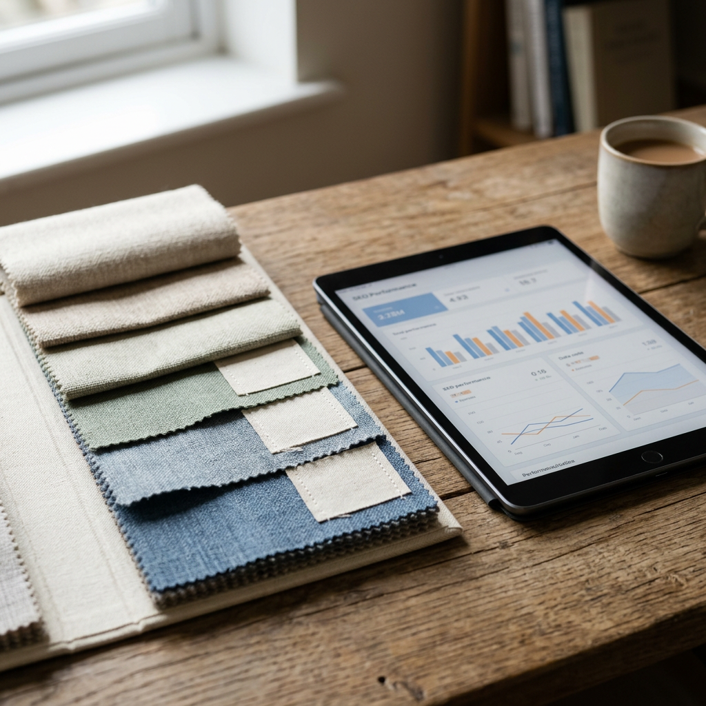 A close-up of a premium fabric swatch folder resting on a wooden table next to a digital tablet displaying SEO metrics