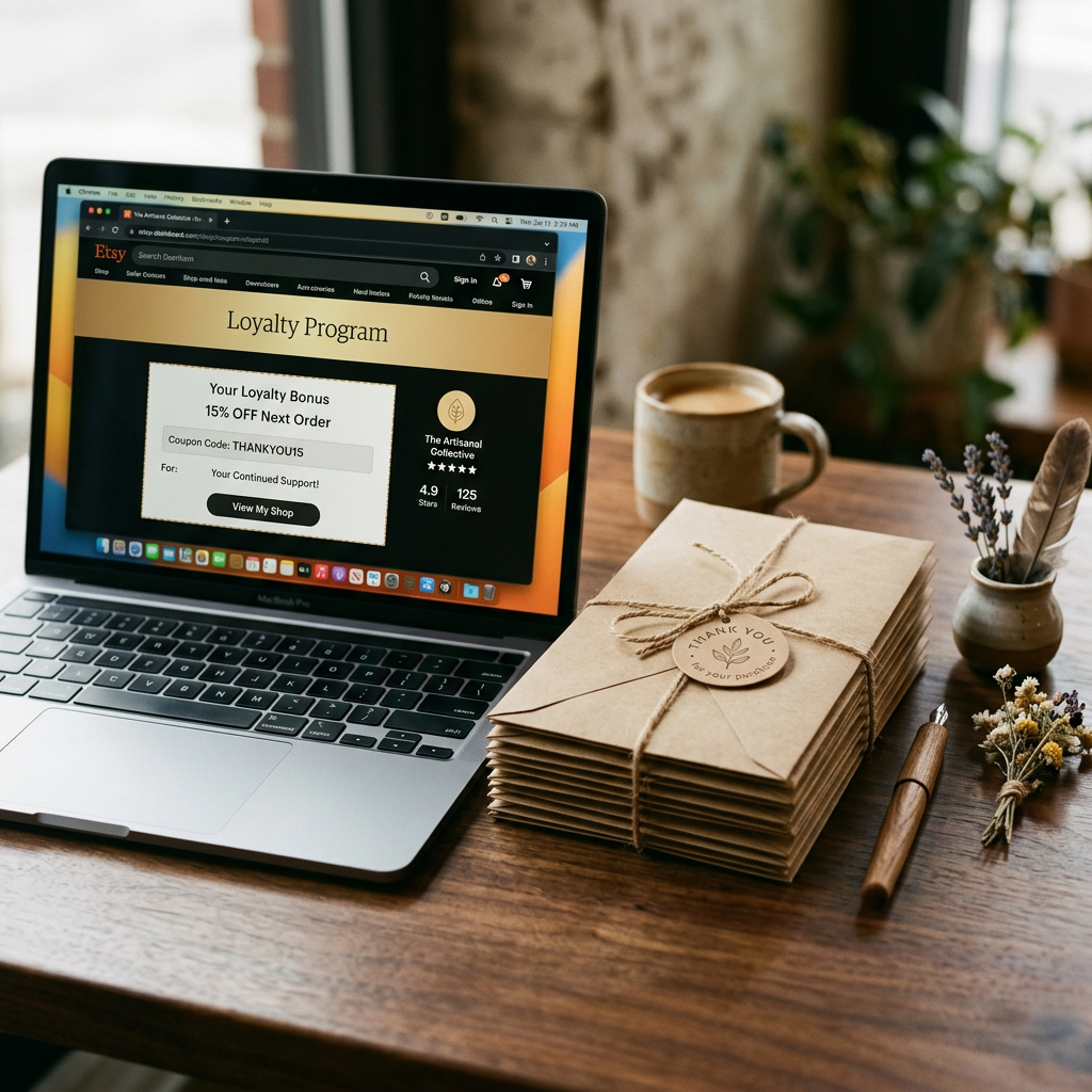 A high-end wooden desk with a minimalist laptop showing a digital coupon interface and a stack of kraft paper envelopes