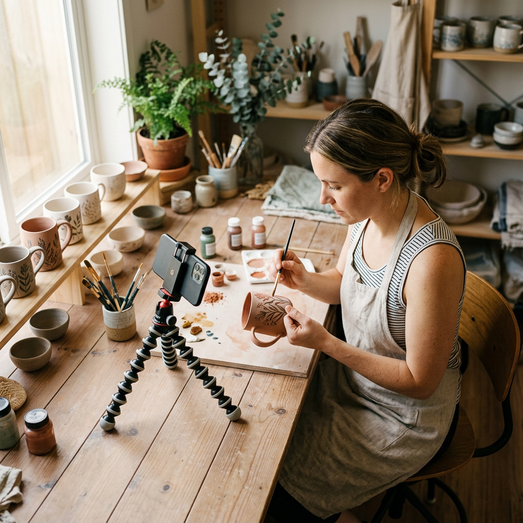 A clear overhead shot of a modern workspace featuring a smartphone on a tripod filming a ceramic artist painting a mug,