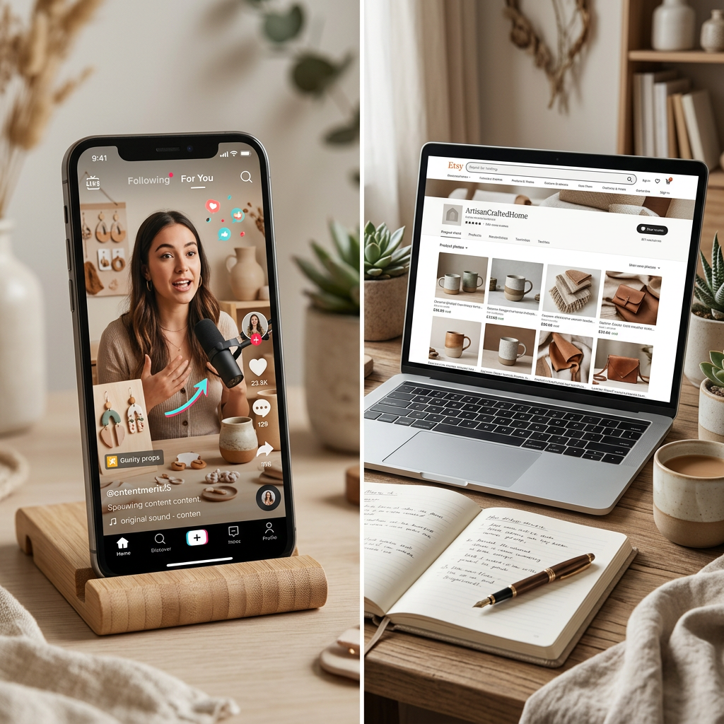 A split-screen view showing a vibrant TikTok video on one side and a corresponding Etsy shop page on a laptop on the oth