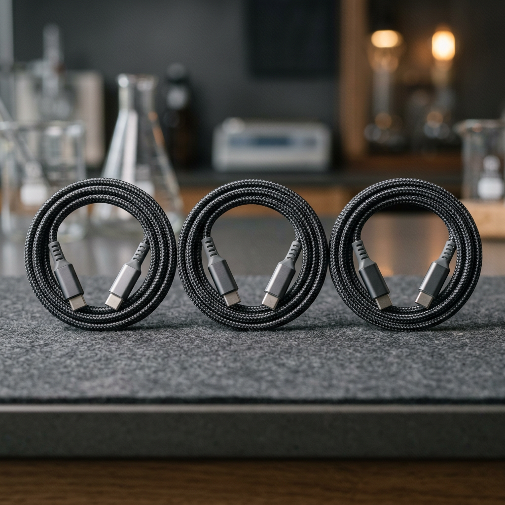 A clean laboratory-style overhead shot of three identical high-end charging cables neatly coiled, showcasing product rep