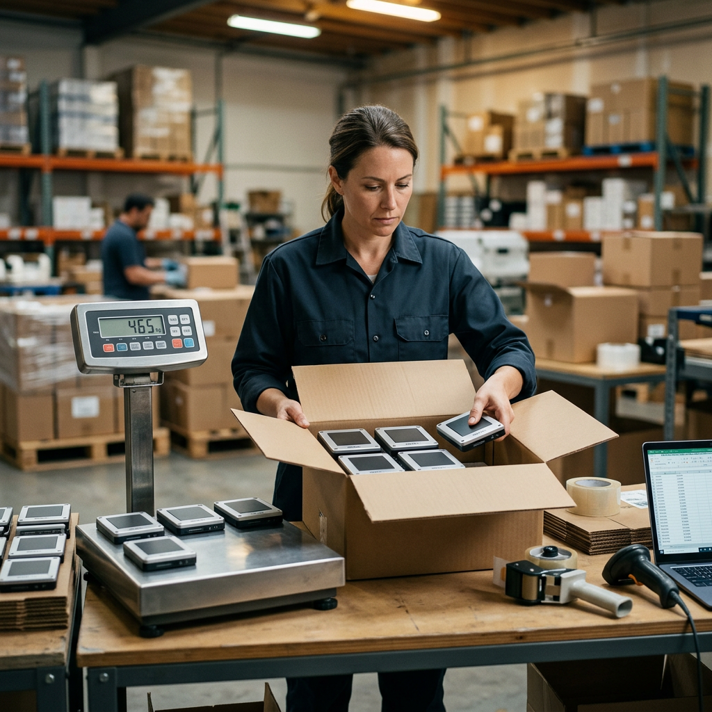 A professional warehouse workspace with a shipping scale and multiple identical small electronics ready for consolidated