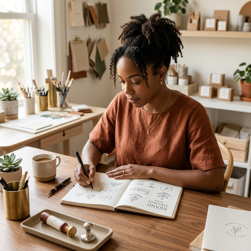 A diverse small business owner sitting at a clean wooden desk, thoughtfully sketching brand concepts in a minimalist not