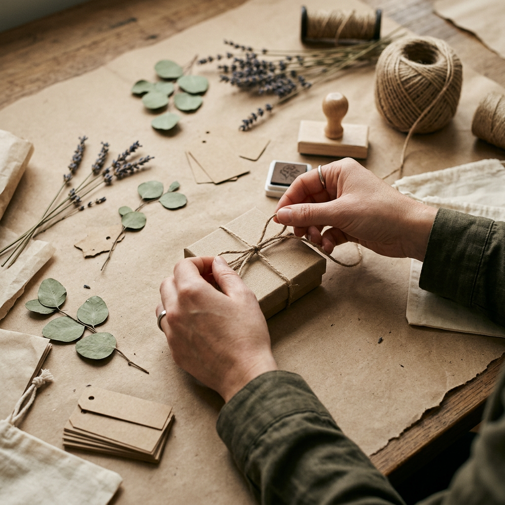 Close-up of a designer's hands arranging eco-friendly packaging materials on a recycled paper background, emphasizing su