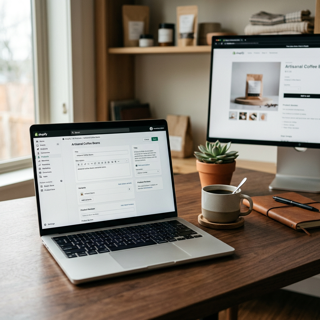 A minimalist workstation with a sleek laptop, a cup of coffee, and open Shopify admin editor on a high-resolution monito