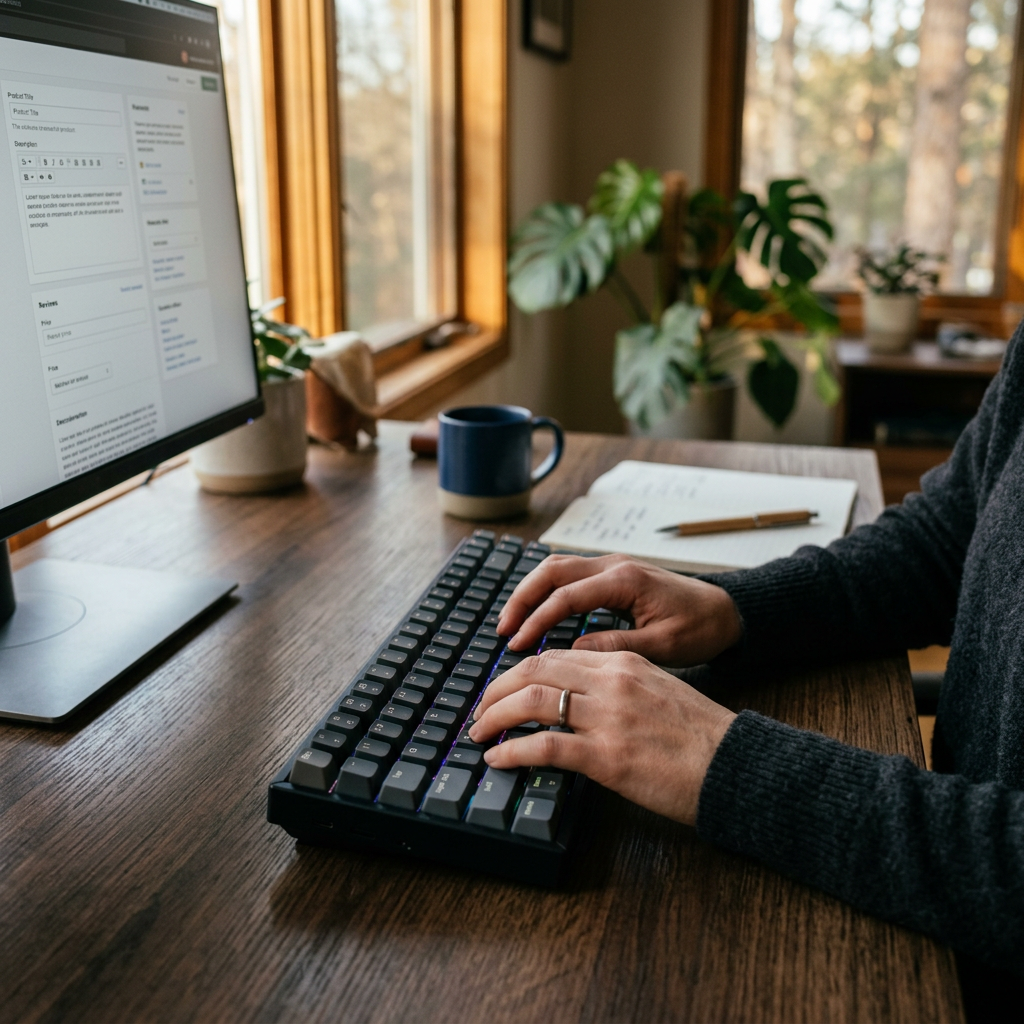 Close-up of a person's hands typing on a mechanical keyboard, warm afternoon light filtering through a window, professio