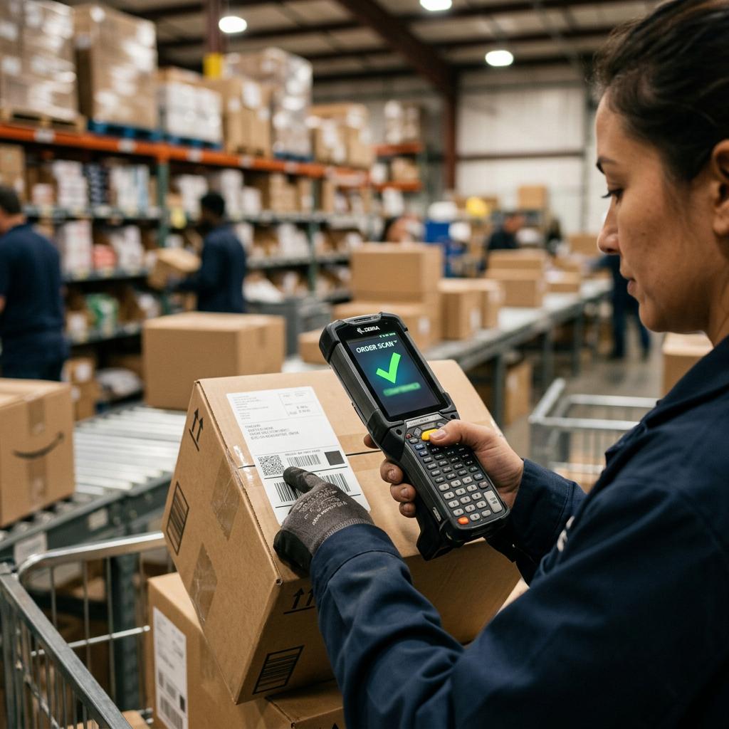 A close-up of a handheld scanner reflecting a green checkmark on a digital display in a fulfillment center