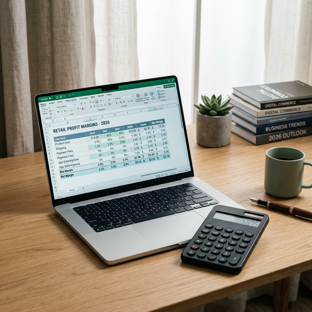 A minimalist wooden desk with a high-end laptop showing a clean spreadsheet of retail profit margins and a calculator