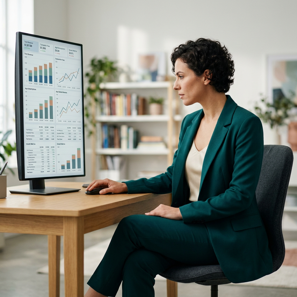 A professional woman in a bright studio reviewing detailed sales analytics charts on a large vertical monitor