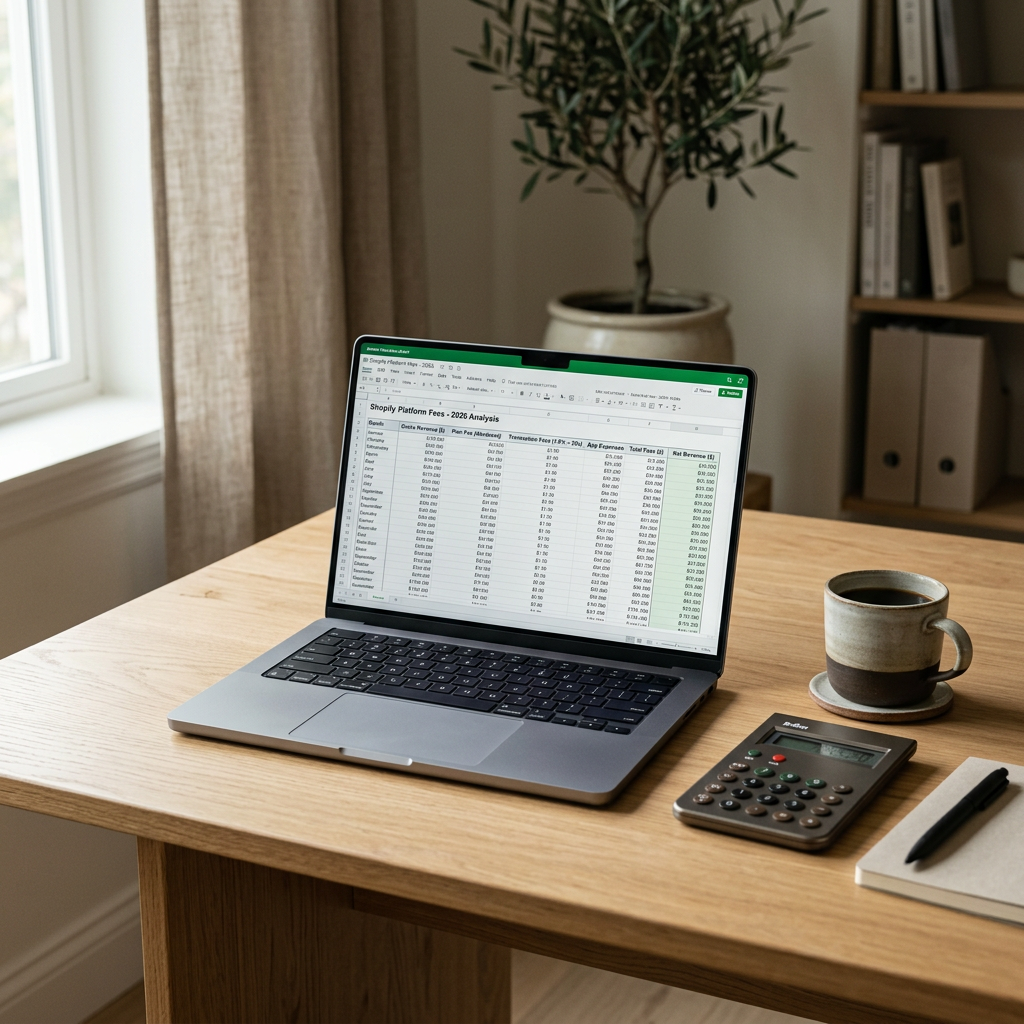 A minimalist wooden desk with a high-end laptop showing a detailed financial spreadsheet and a calculator, natural morni