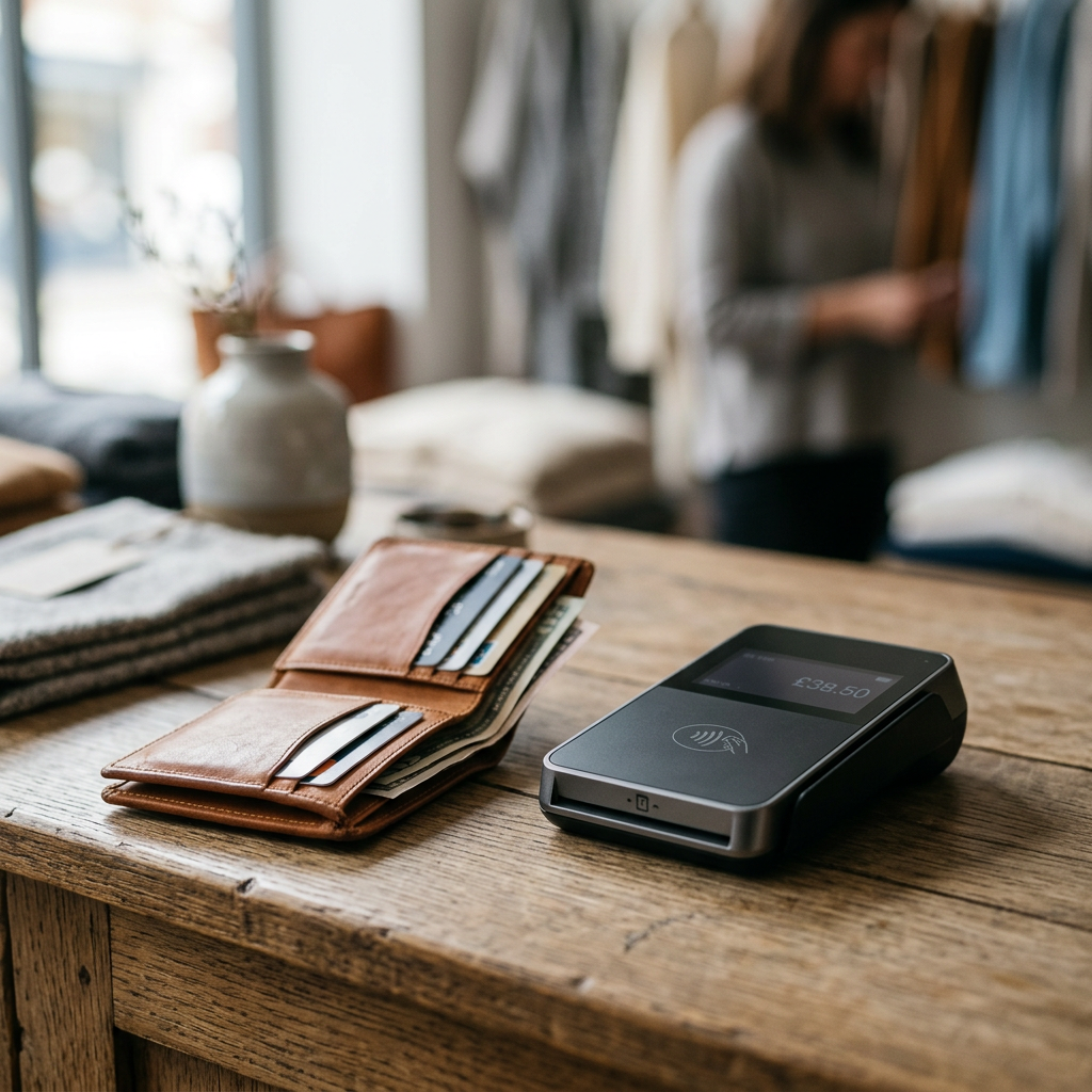 A close-up of a premium leather wallet next to a sleek, modern point-of-sale card reader in a boutique setting