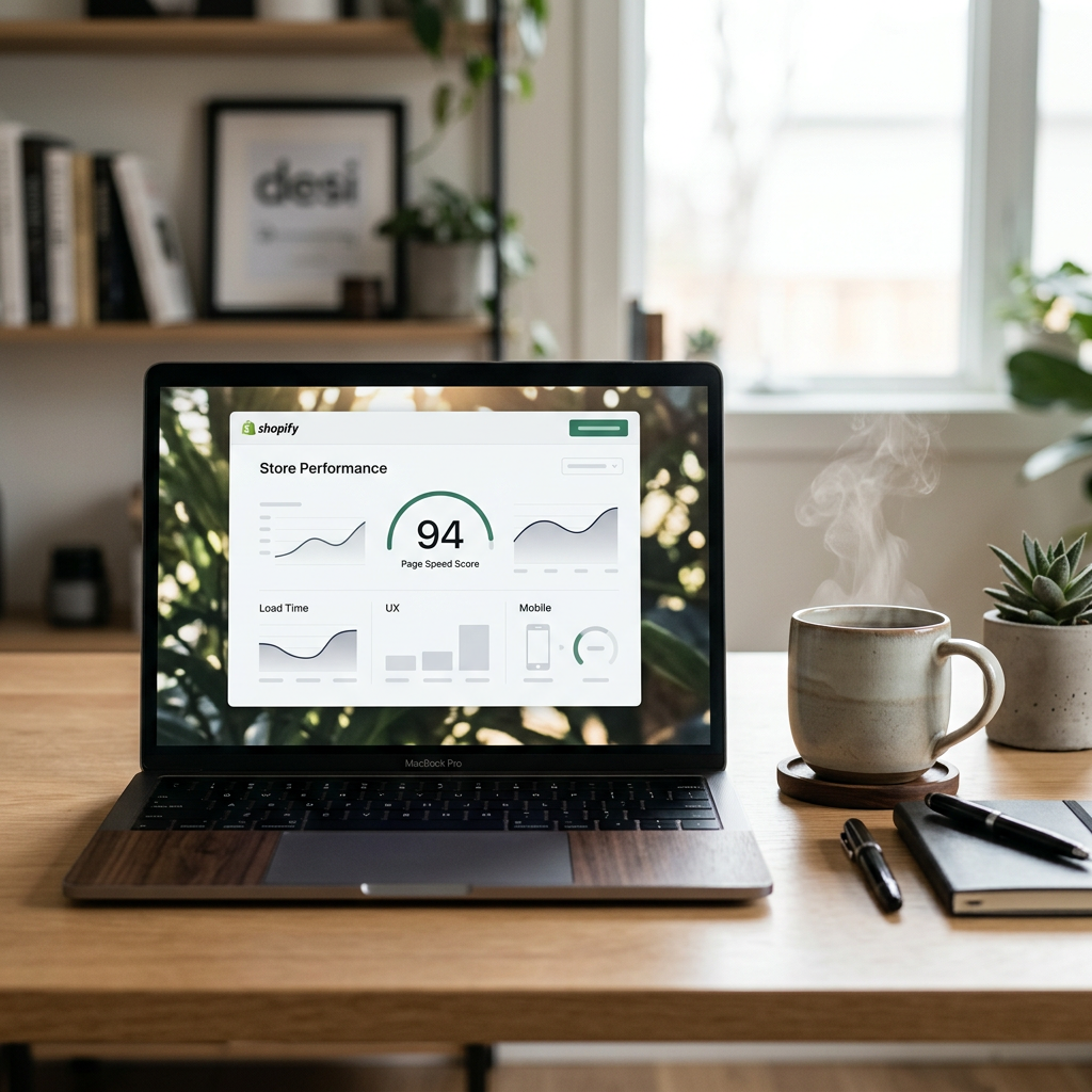 A minimalist designer workspace with a high-end laptop showing a clean performance dashboard and a steaming ceramic mug