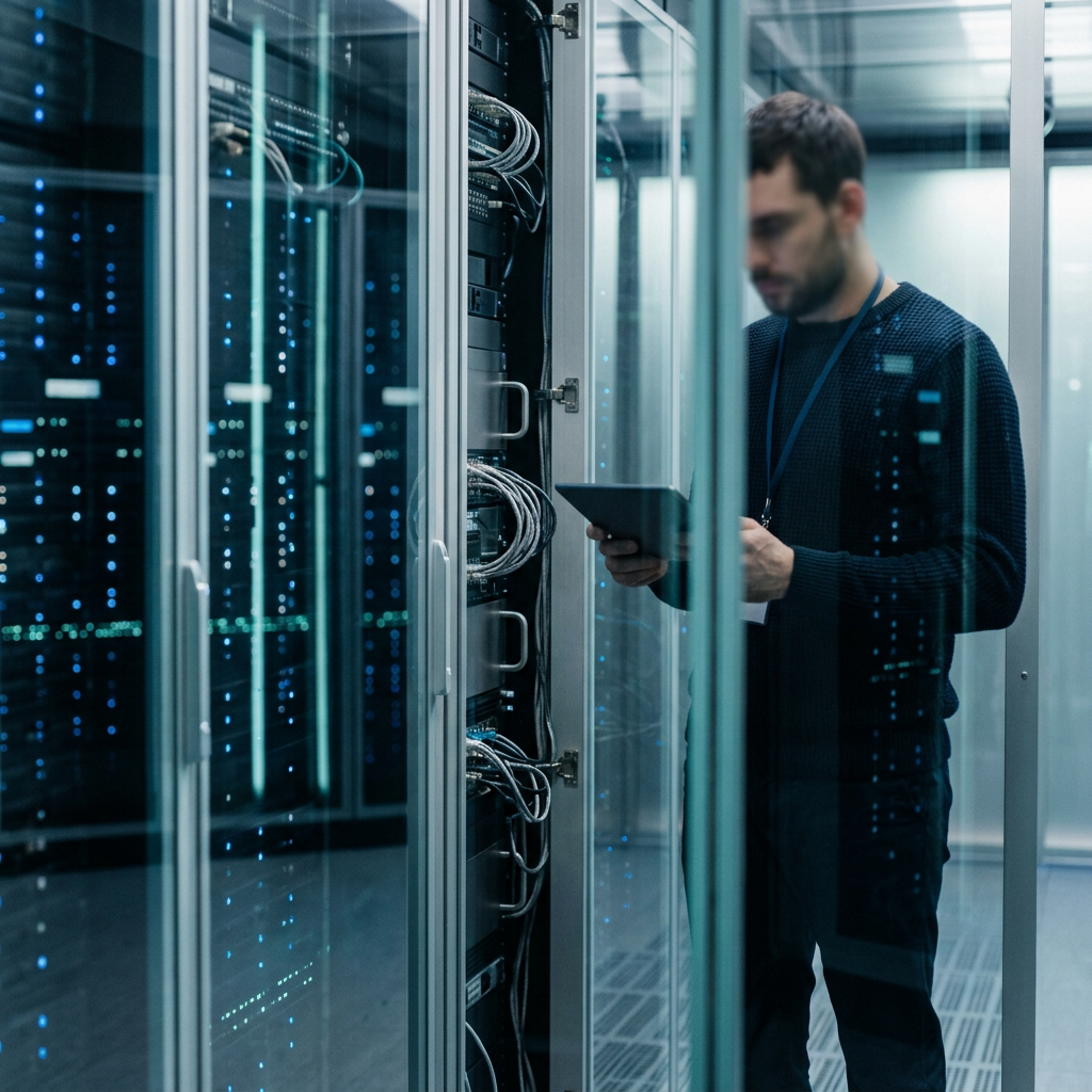 Close-up of a glass-walled server room with soft blue lighting reflecting off polished surfaces