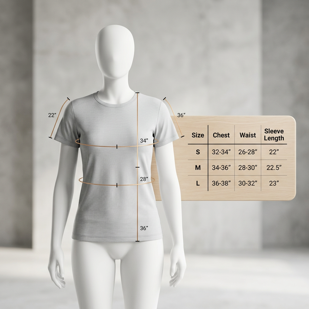 A clean, modern size chart graphic for an apparel brand, featuring a mannequin with measurement lines and a correspondin