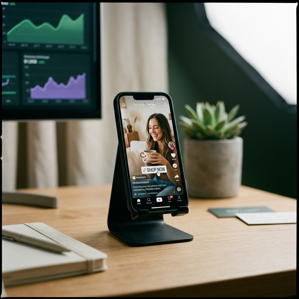 A professional desk setup with a smartphone displaying a viral TikTok video featuring an integrated product shopping tag