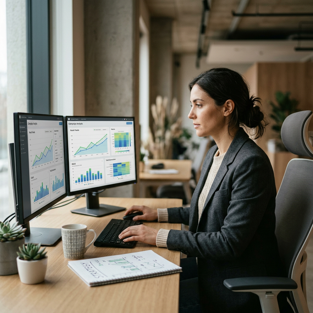 A digital marketer analyzing performance graphs on a dual-monitor setup showing TikTok Ads Manager data metrics