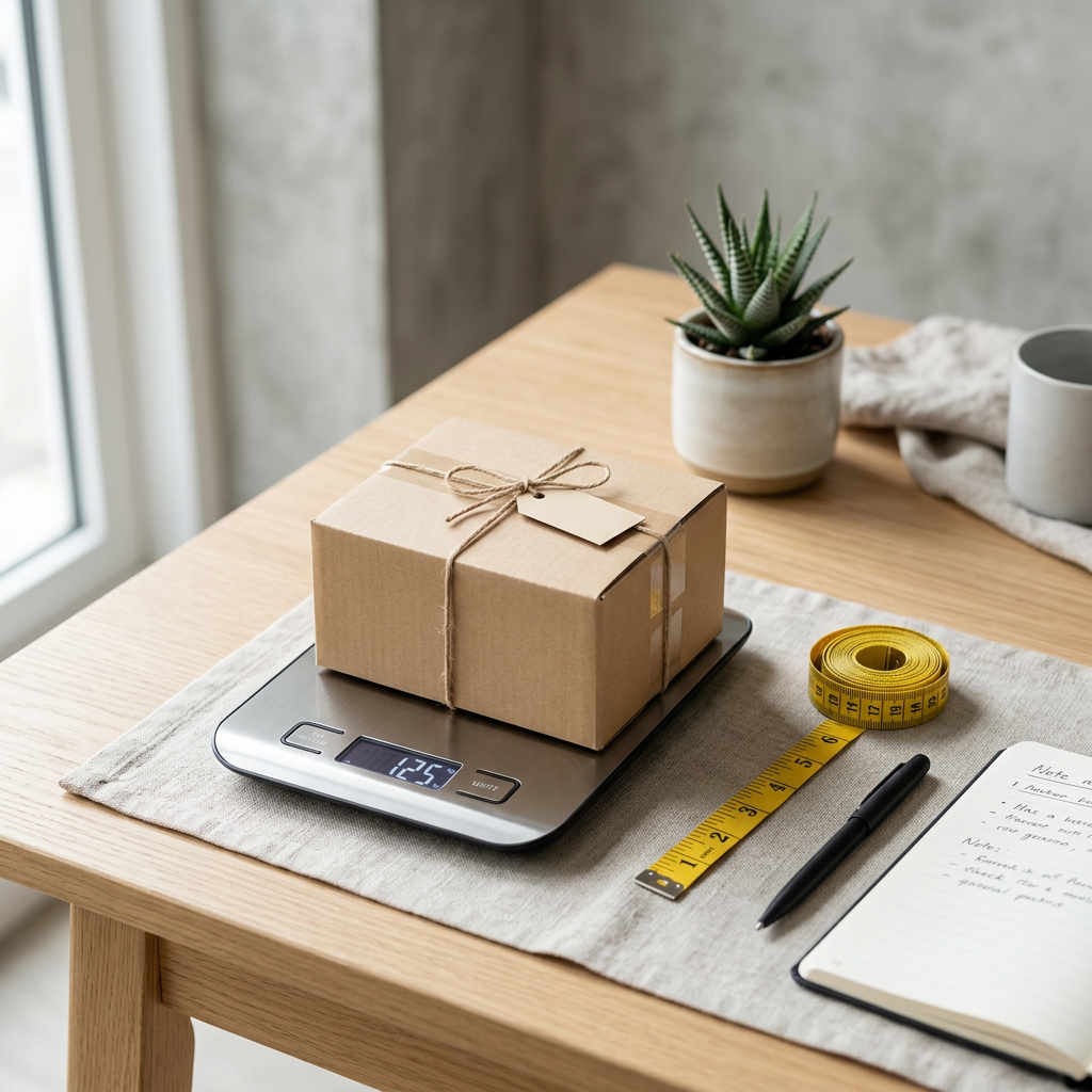 A clean minimalist tabletop with a digital scale, measuring tape, and a small cardboard box, bright natural studio light