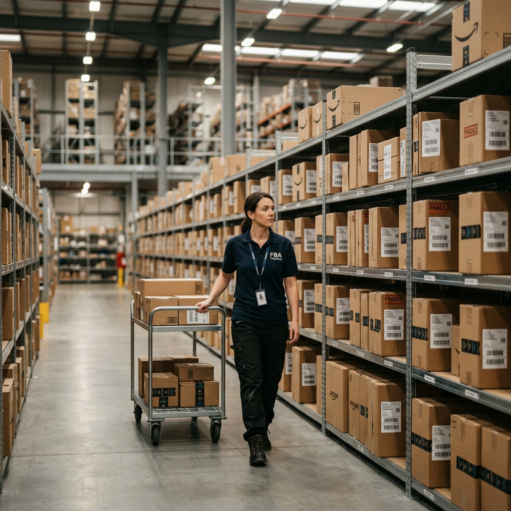 An organized warehouse aisle with professional shelving and neatly stacked standardized shipping cartons, soft industria