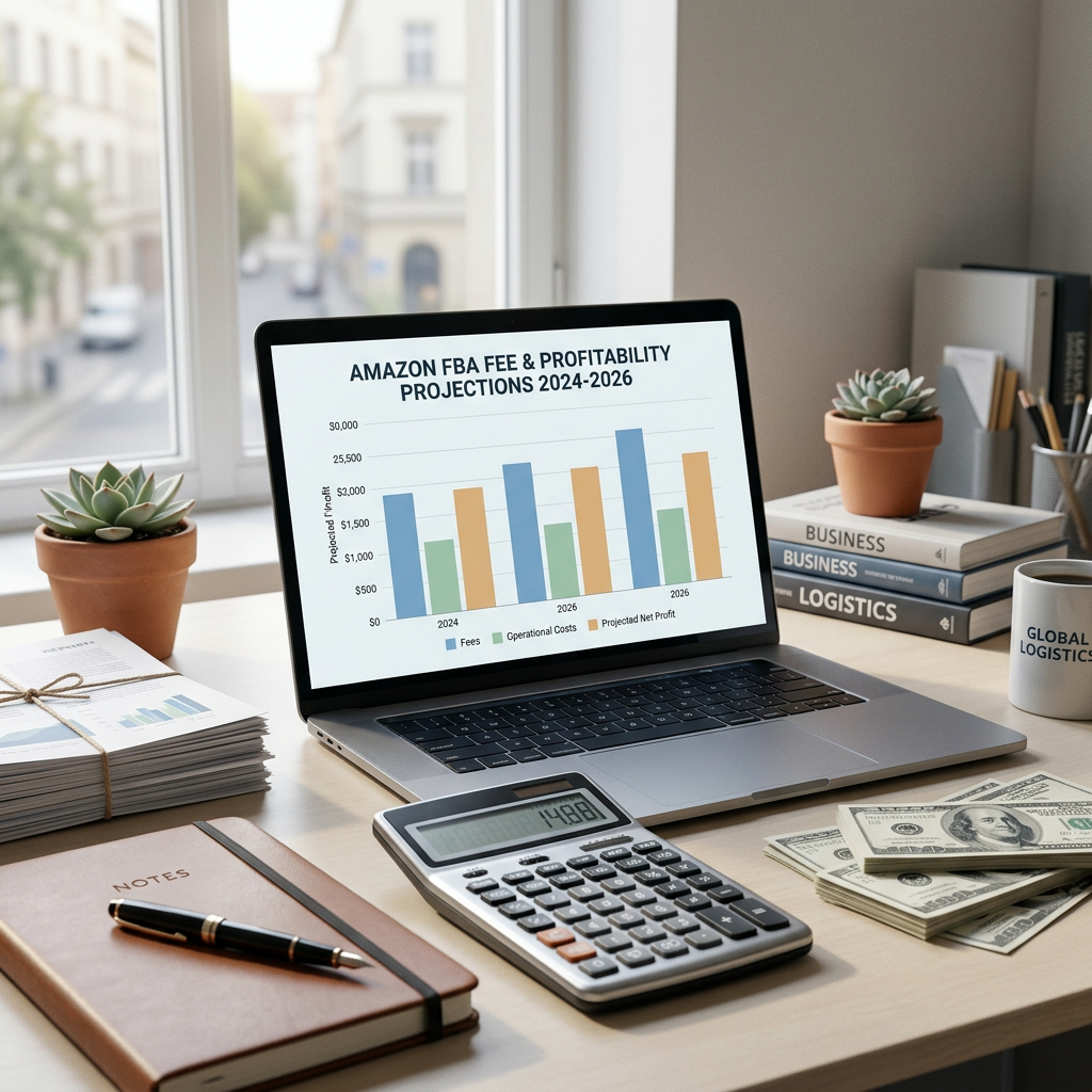 A financial professional's desk with a laptop displaying a colorful bar chart and a modern calculator, morning light thr