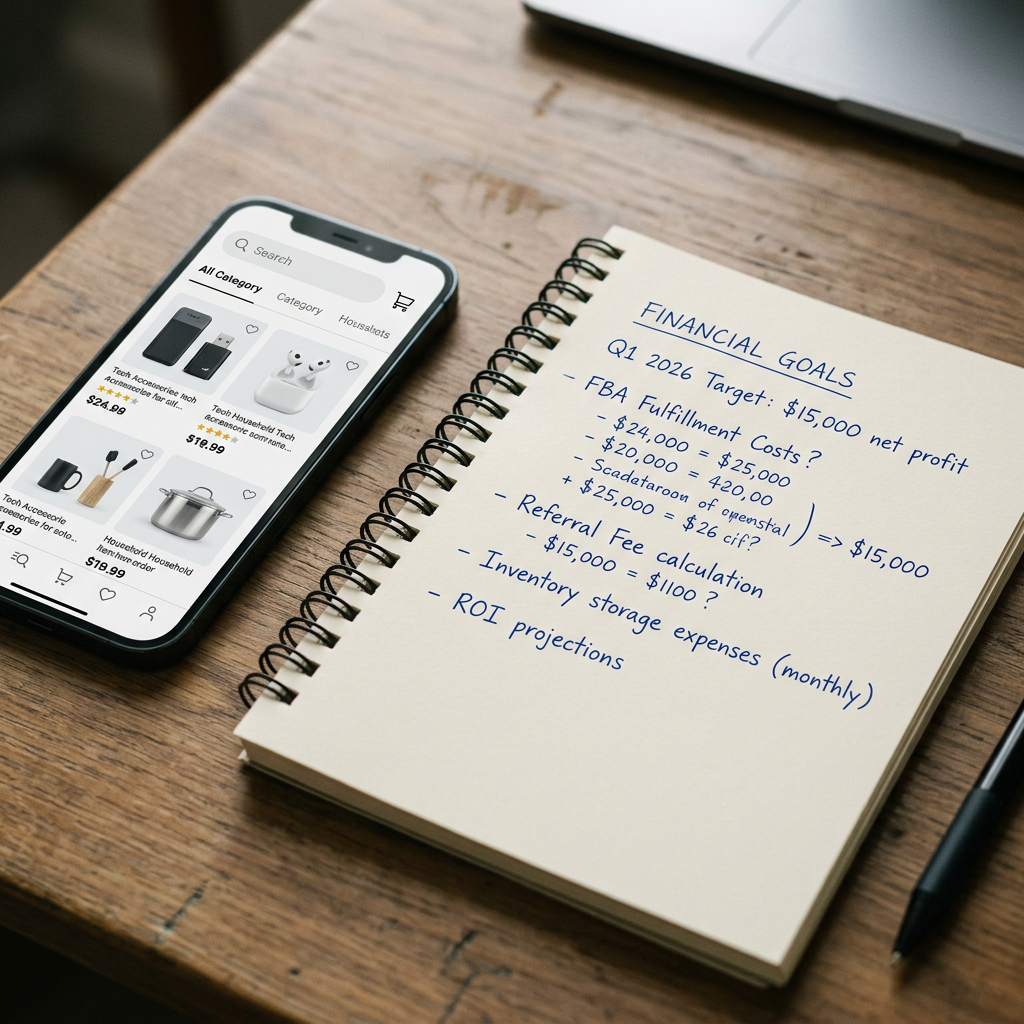 A top-down view of a smartphone showing a shopping app interface next to an open notebook with handwritten financial goa