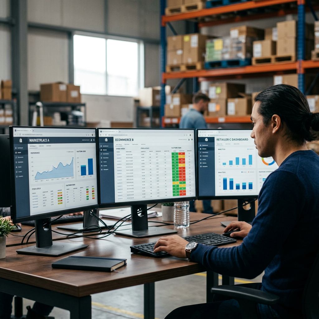 A modern warehouse workstation showing a multi-monitor setup with real-time stock levels across Amazon, Walmart, and Sho