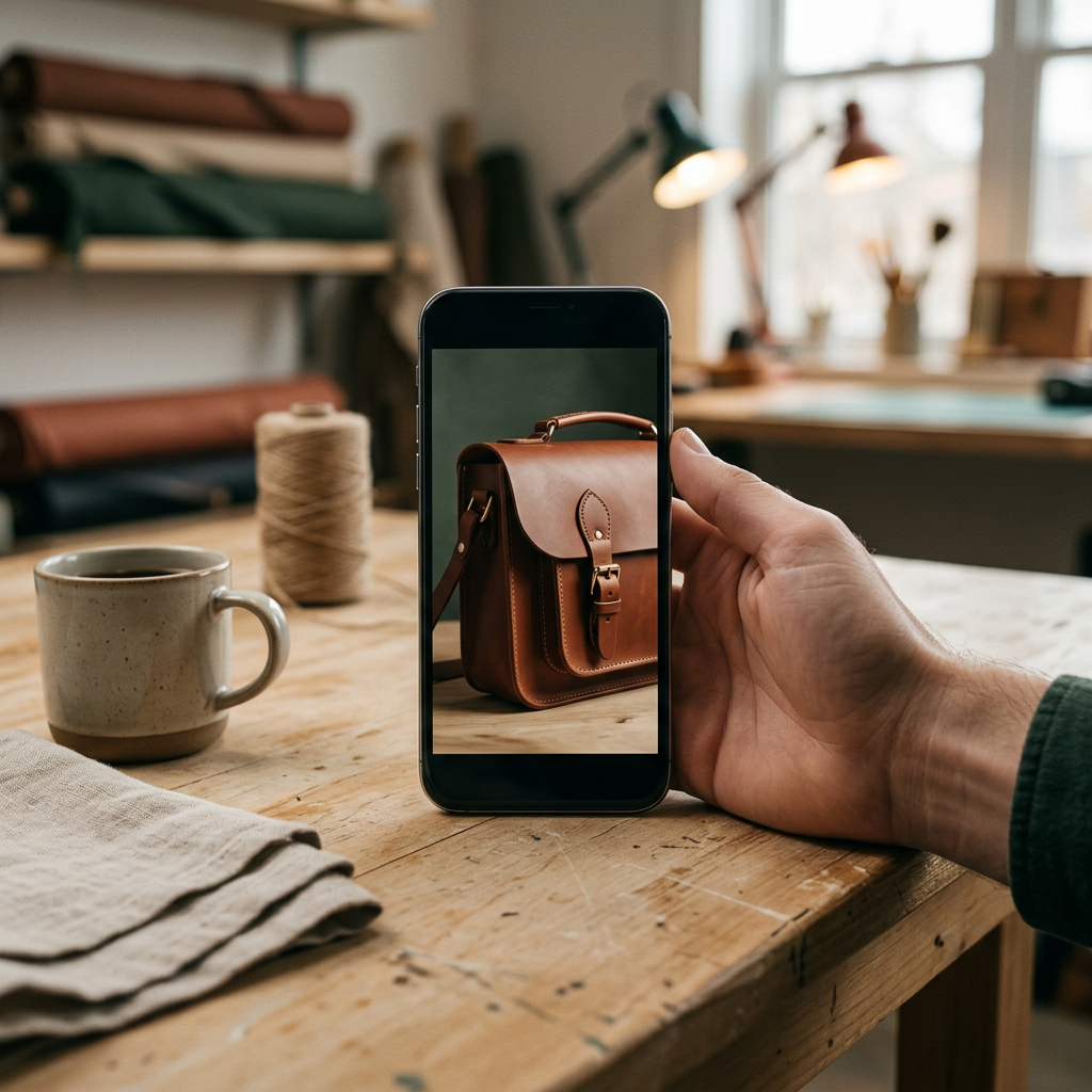 A high-resolution smartphone displaying a crisp Etsy product video of a handmade leather bag with professional three-poi