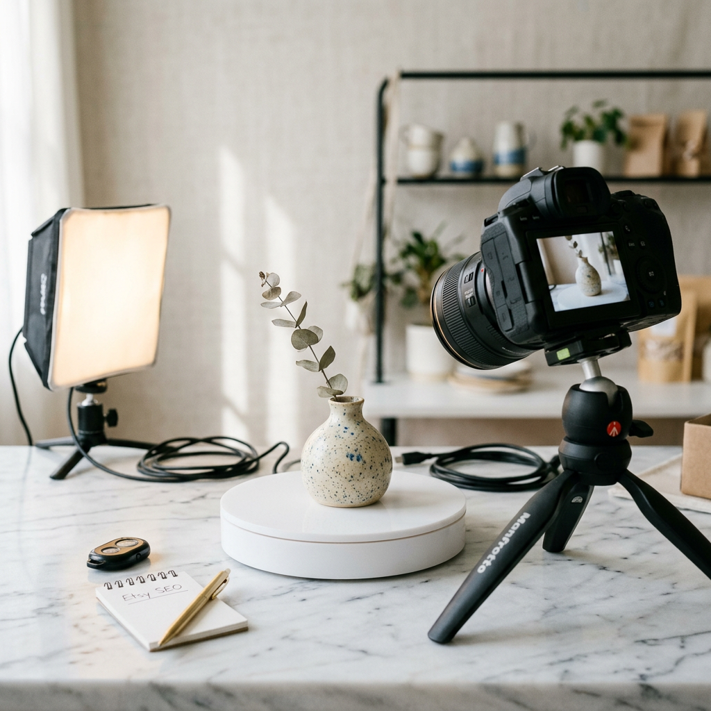 A minimalist photography studio setup with a white marble background and a small motorized turntable for product videogr