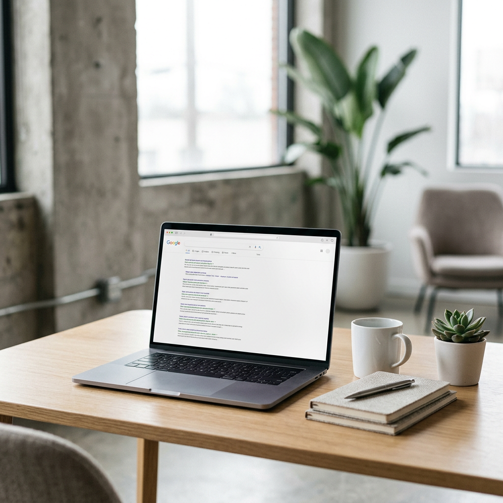 A minimalist wooden desk with a high-end laptop showing a clean Google search results page in a bright studio