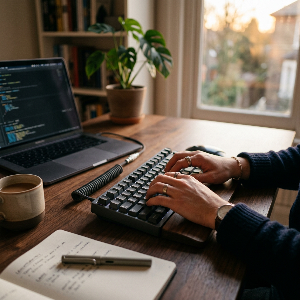 Close-up of a designer's hands typing on a mechanical keyboard with soft evening sunlight hitting the desk
