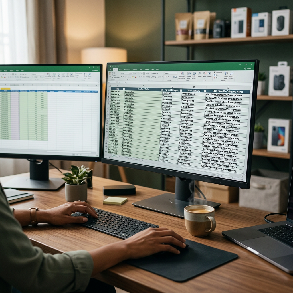A clean digital workspace showing a dual-monitor setup with a complex hierarchical spreadsheet mapping product SKUs to S