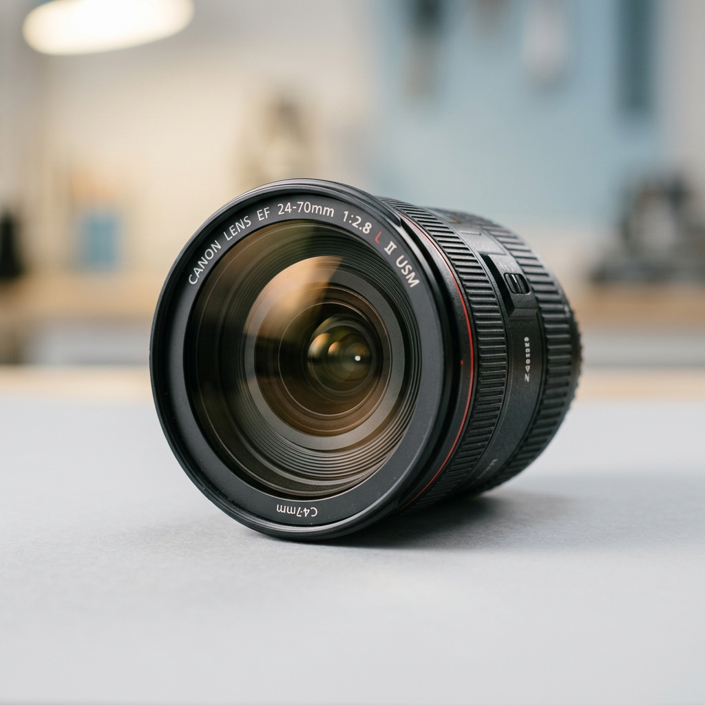 A high-resolution close-up of a high-end camera lens focusing on a detailed product label in a bright photography studio