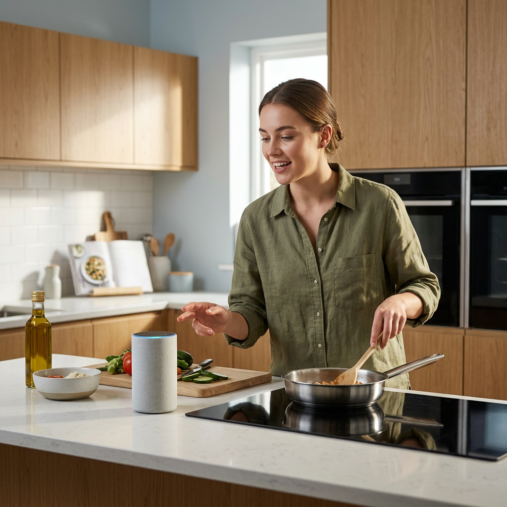 A modern minimalist kitchen with a smart speaker on the counter and a person speaking to it while cooking