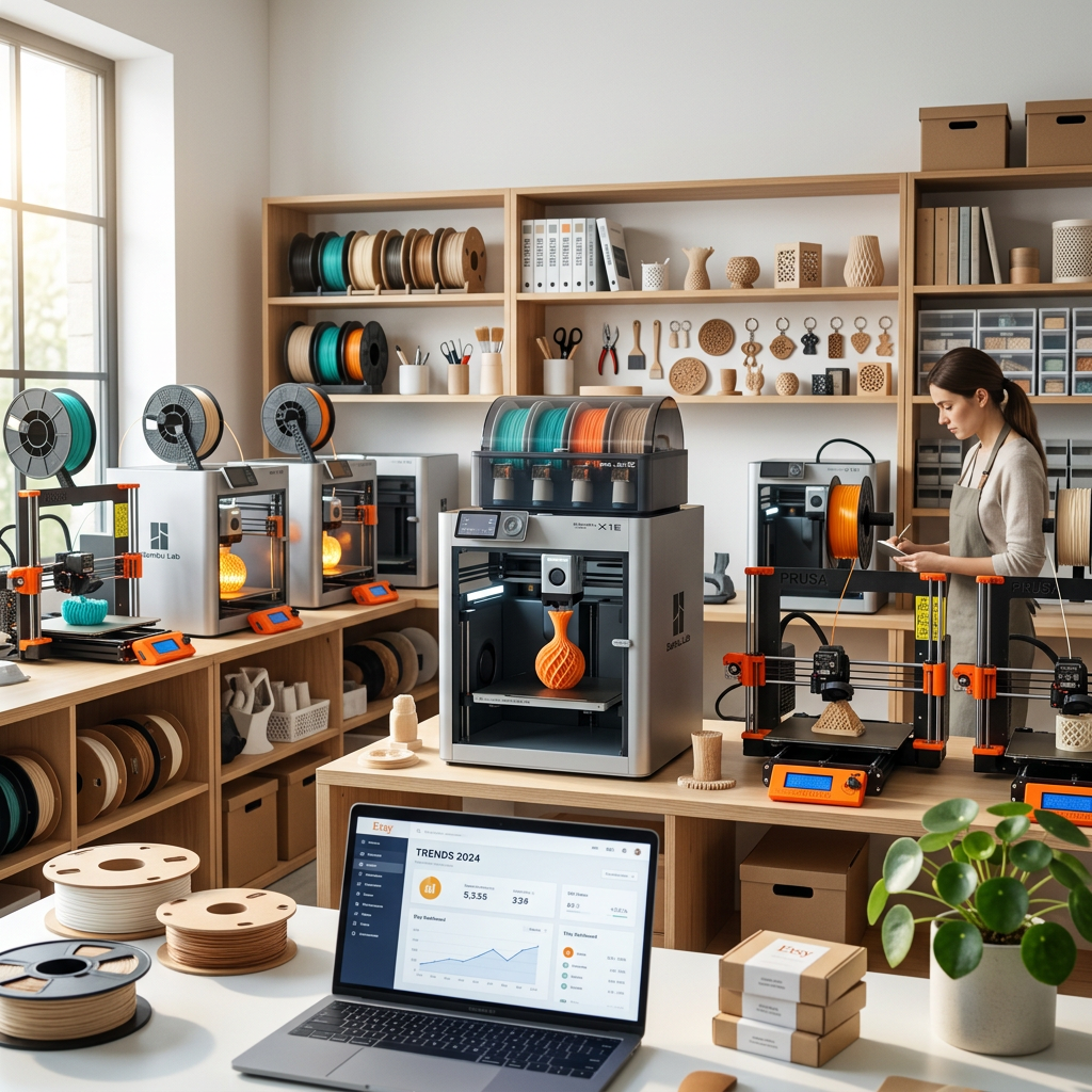A modern 3D printing farm with multiple high-speed printers running in a clean, organized studio with bright morning lig