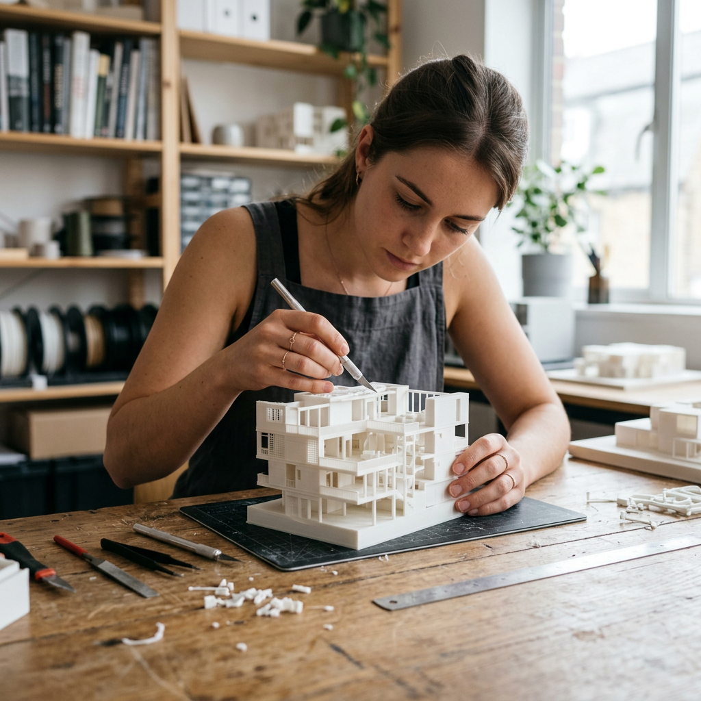A close-up of a high-resolution 3D printed architectural model being hand-finished with precision tools on a wooden work