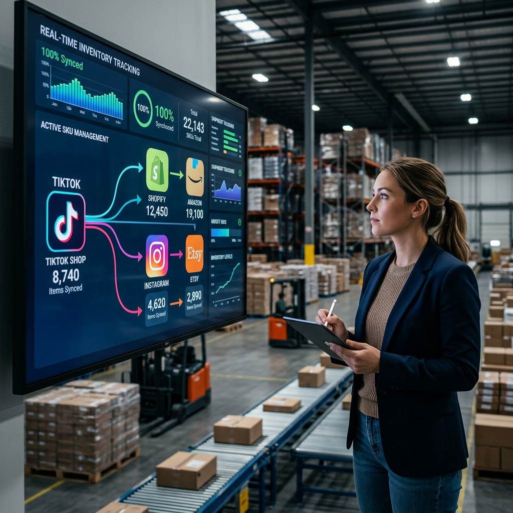 A high-tech warehouse dashboard showing real-time inventory levels syncing between a TikTok logo and various e-commerce