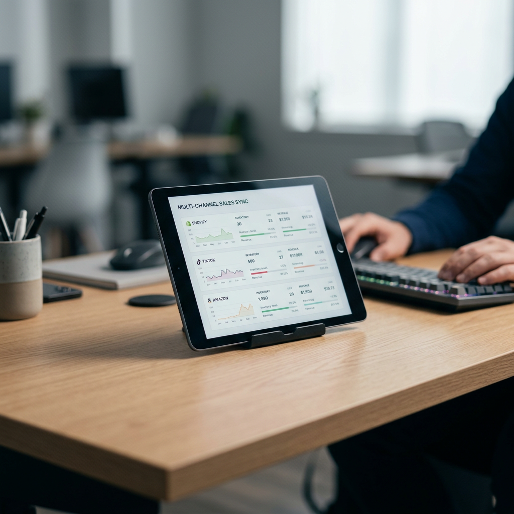 A clean, minimalist office desk with a tablet displaying a financial breakdown of sales across TikTok, Shopify, and Amaz
