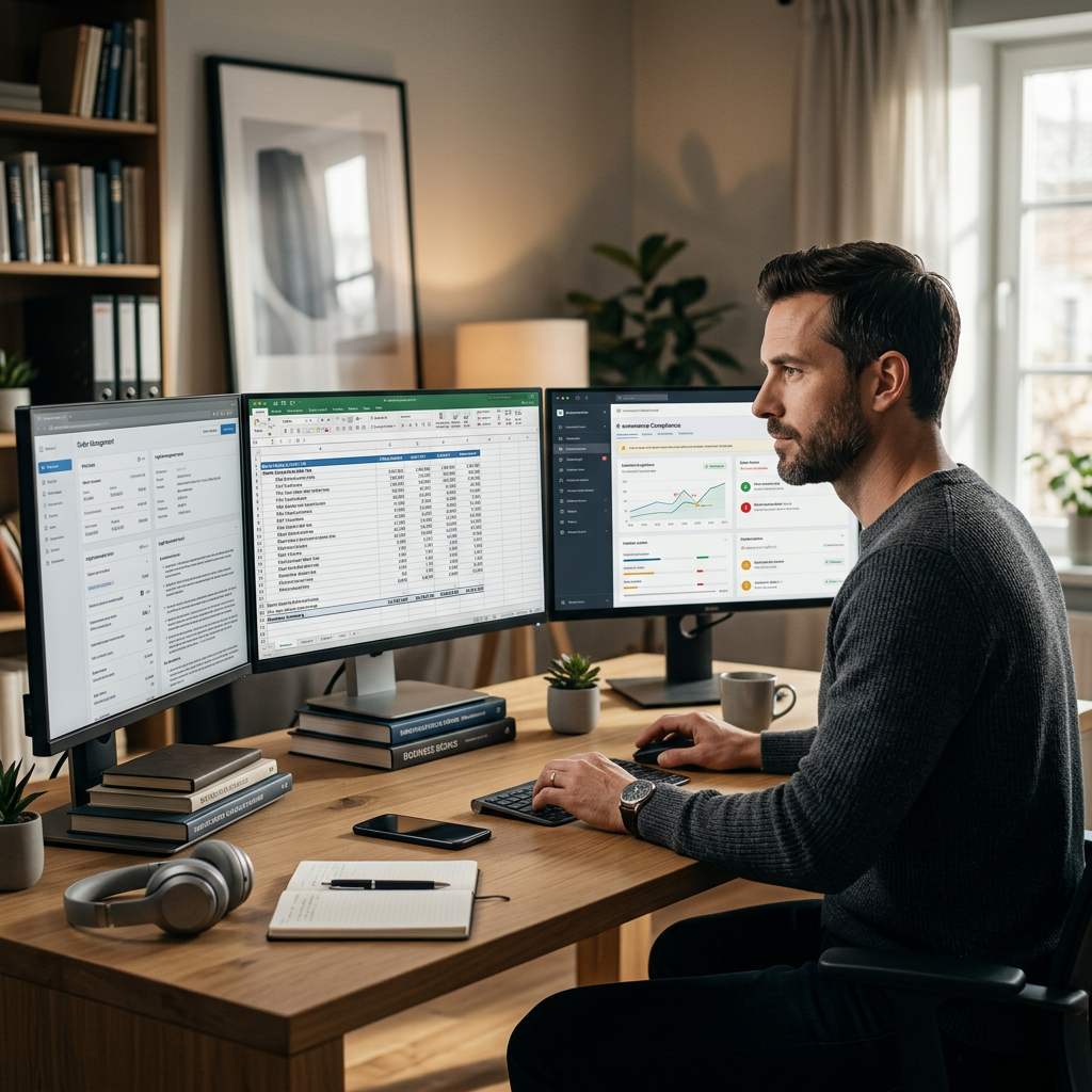 A modern home office desk showing multiple monitors with detailed financial spreadsheets and e-commerce tax compliance s