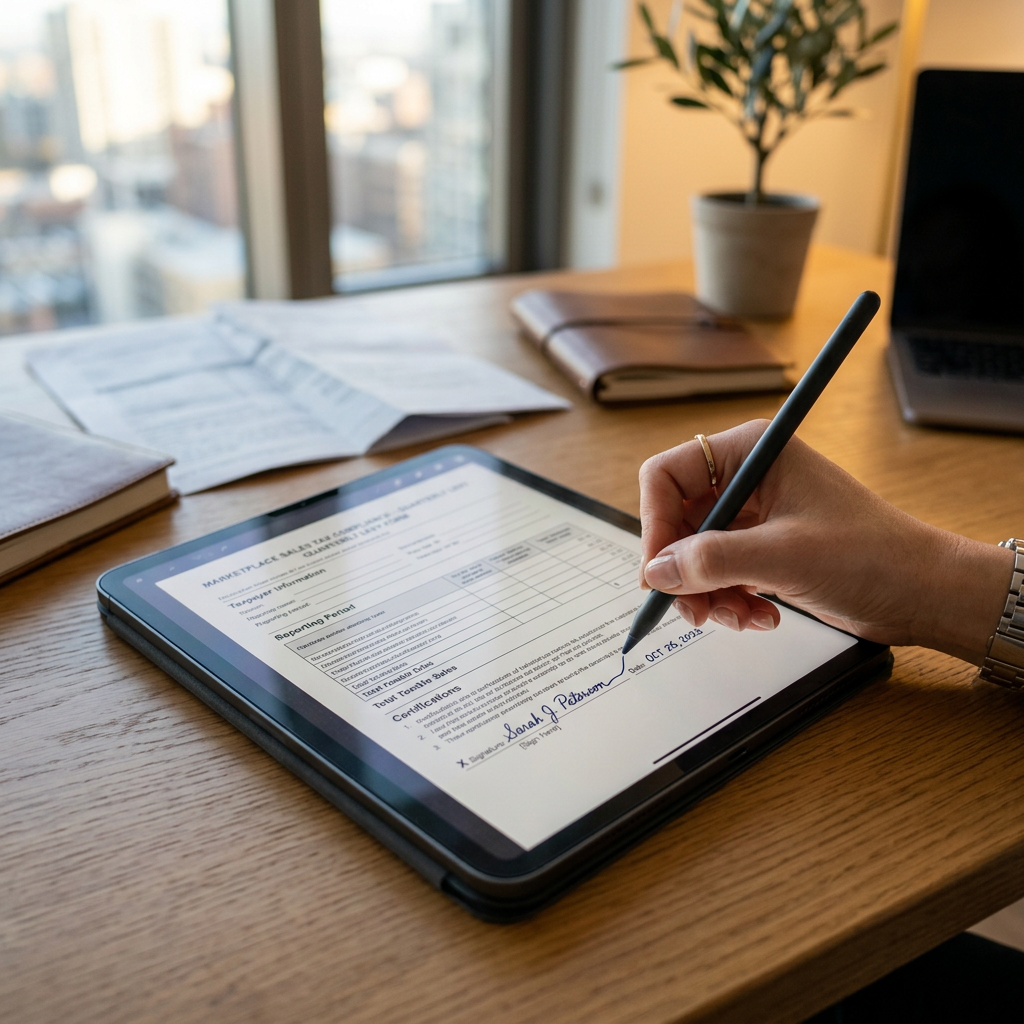 Close-up of a digital tablet displaying a professional tax document and a digital signature being applied by a stylus