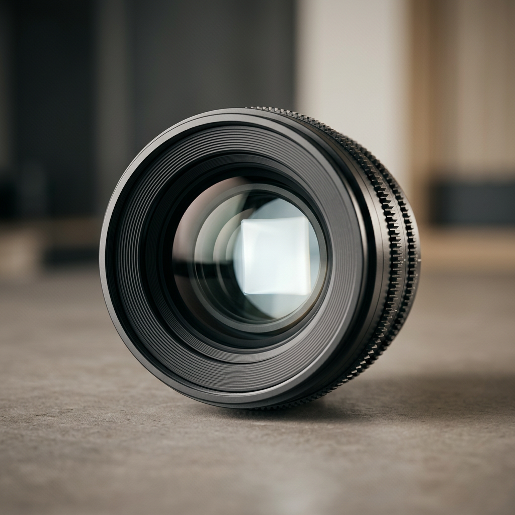 A high-end minimalist camera lens reflecting a soft studio light, symbolizing digital precision and clarity.