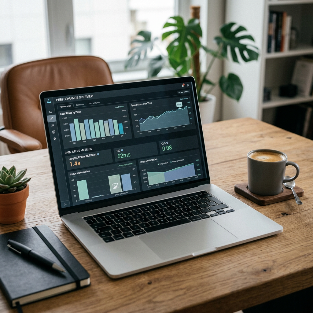 A clean workspace with a laptop showing a detailed analytics dashboard and a cup of coffee.