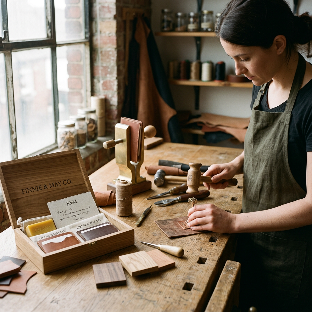 A high-end artisan workbench with leather tools and wood samples, illuminated by soft natural morning light from a large