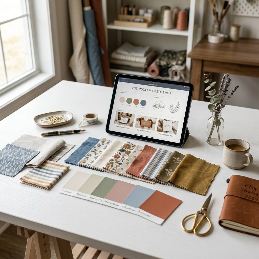A collection of designer fabric swatches and paint chips arranged neatly on a designer's minimalist white desk with a ta