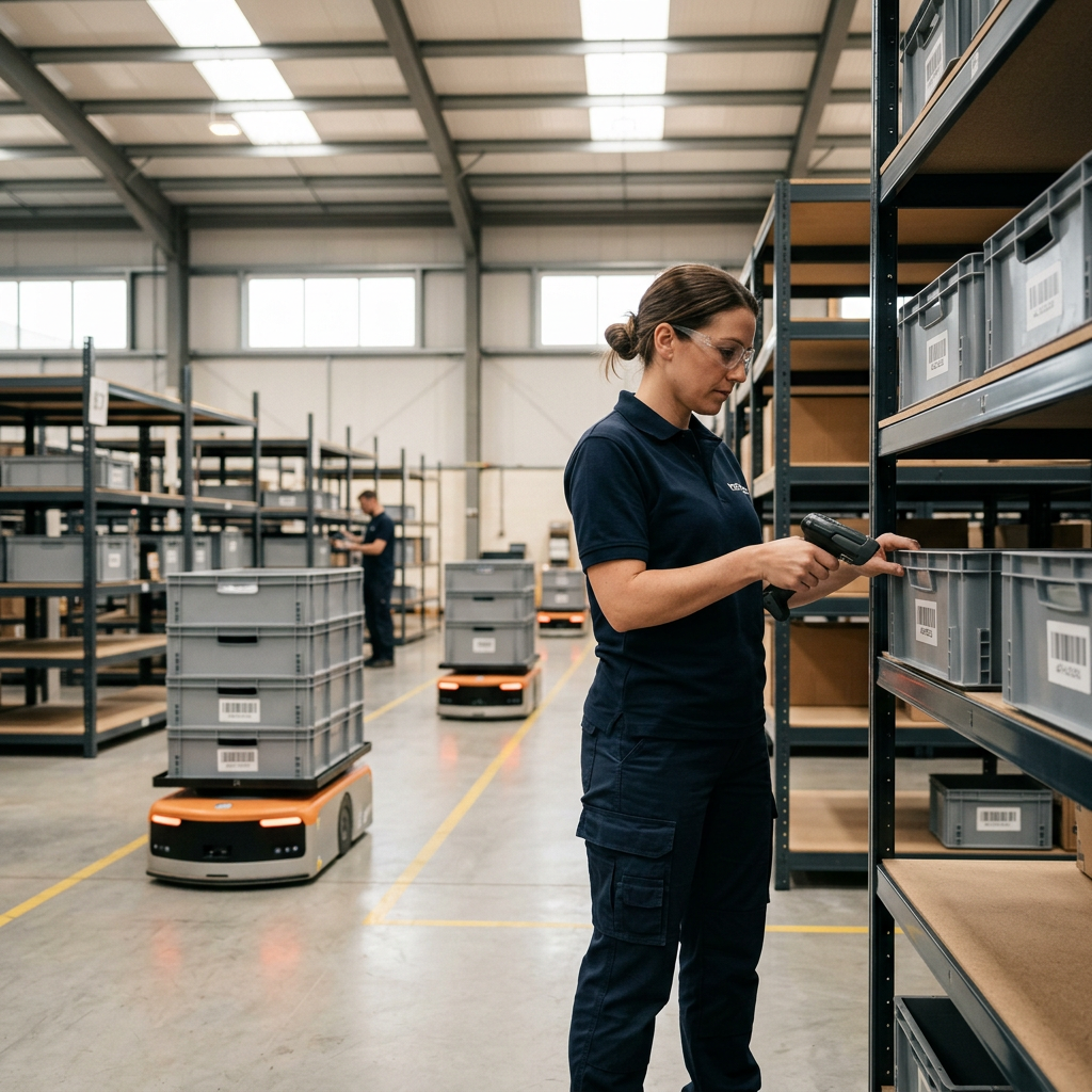 A clean warehouse logistics center with automated robots moving bins and a worker scanning a barcode under bright daylig