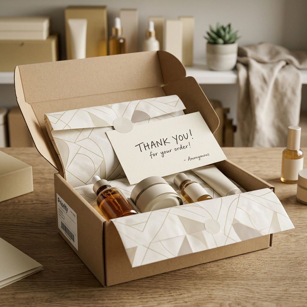 A premium e-commerce box being unboxed with customized tissue paper, a thank-you note, and high-end skincare products