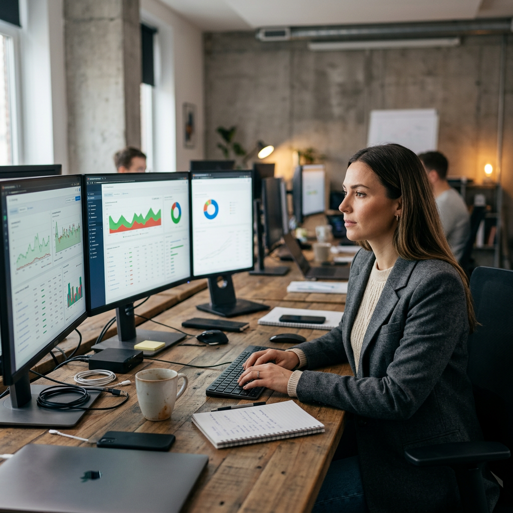 A modern workspace with multiple monitors showing data-rich dashboards and digital advertising metrics with green and re